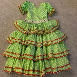 Flamenco Dress - Junior - Green with White Polka Dots and Red Trim